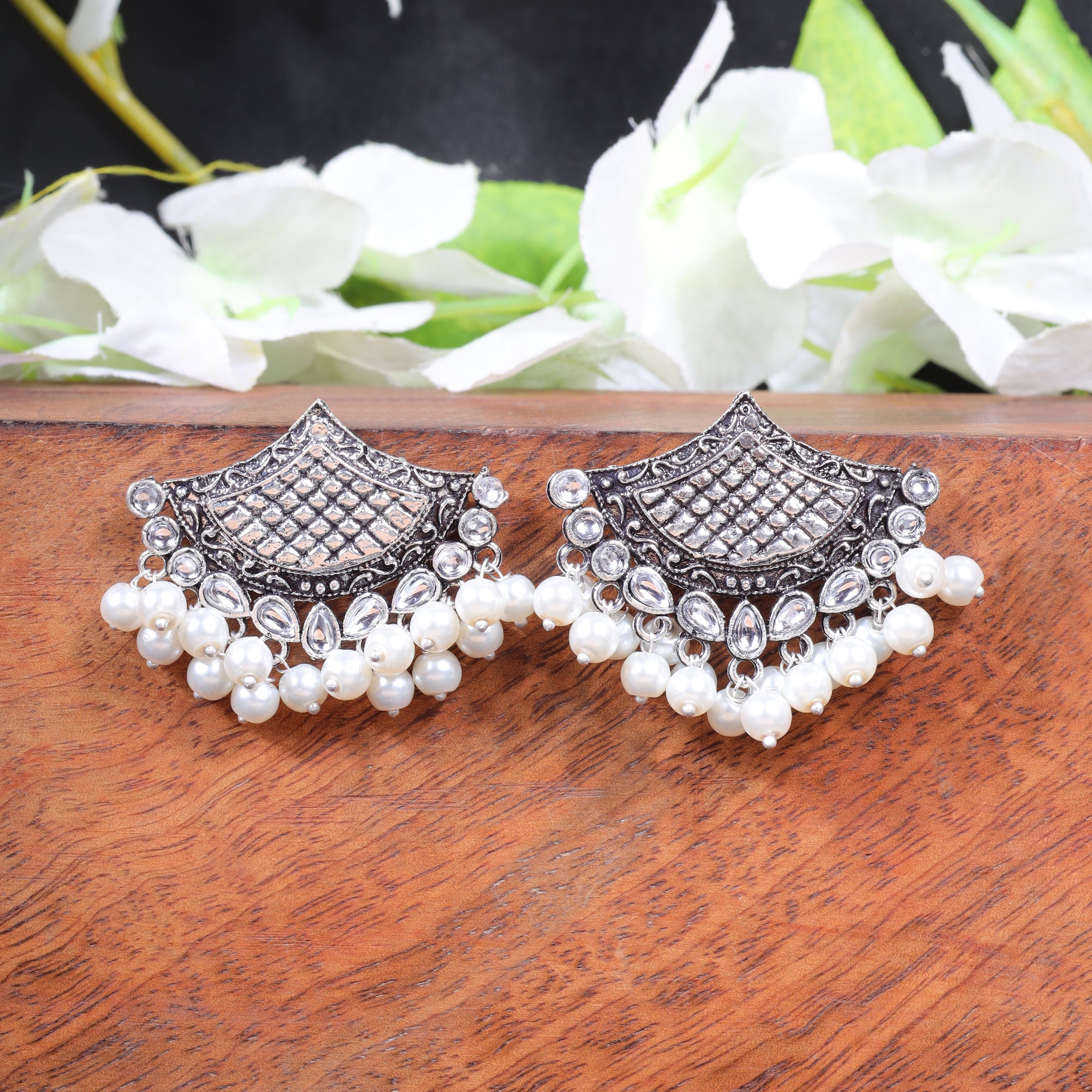 Flipkart.com - Buy KudiPatakha White Stone studded Oxidised Earrings with  hanging pearls Alloy Earring Set Online at Best Prices in India